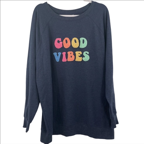 Wildfox Oversized Embroidered Good Vibes Sweatshirt Blue Pullover Women's XL - Picture 3 of 9